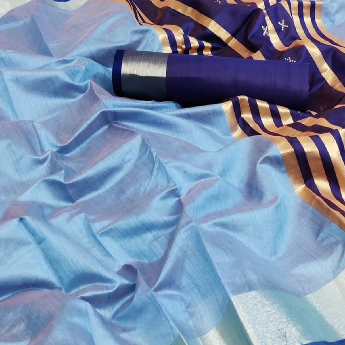 Sky Blue Festive Wear Woven Jute Saree - Peachmode