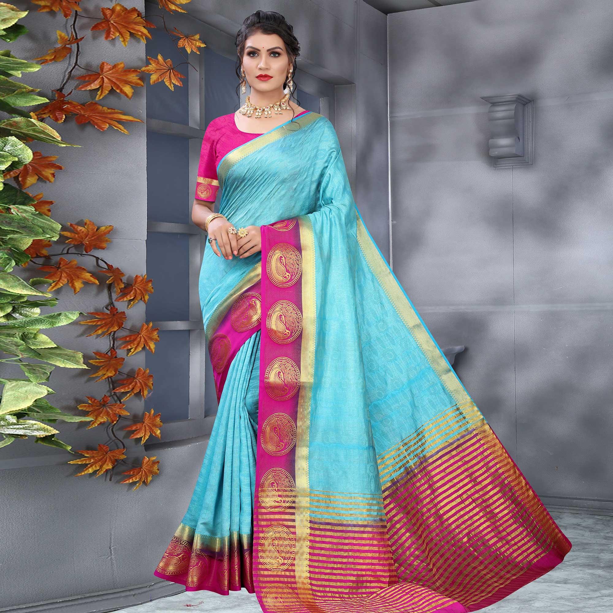 Sky Blue  Festive Wear Woven Kanjiwaram Art Silk Saree - Peachmode
