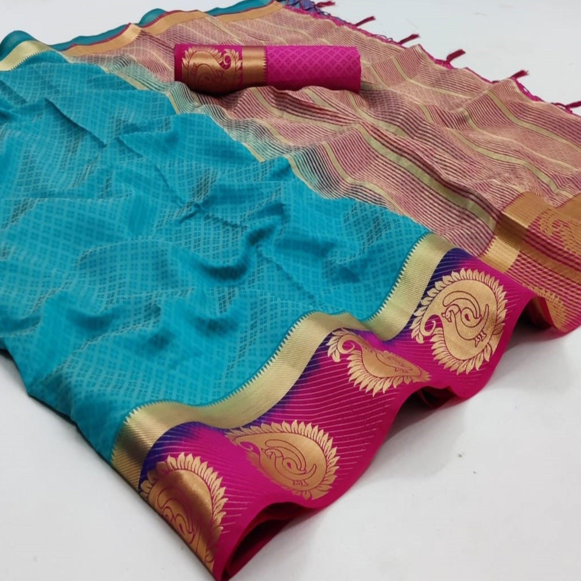 Sky Blue Festive Wear Woven Kanjiwaram Art Silk  Saree - Peachmode
