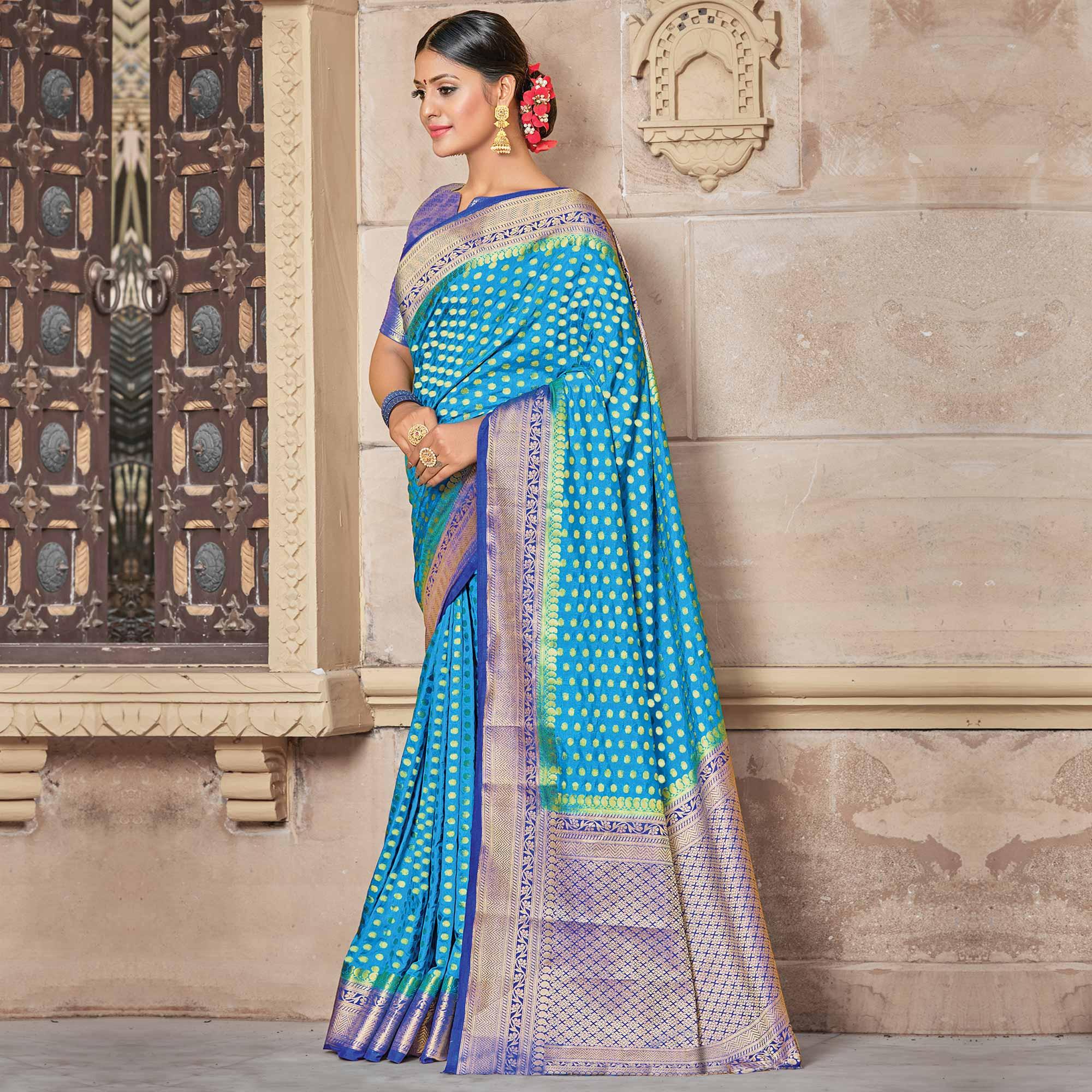 Sky Blue Festive Wear Woven Silk Saree - Peachmode