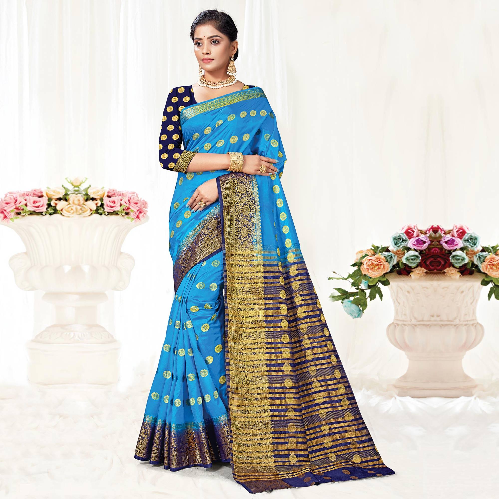 Sky Blue Festive Wear Woven Silk Saree - Peachmode