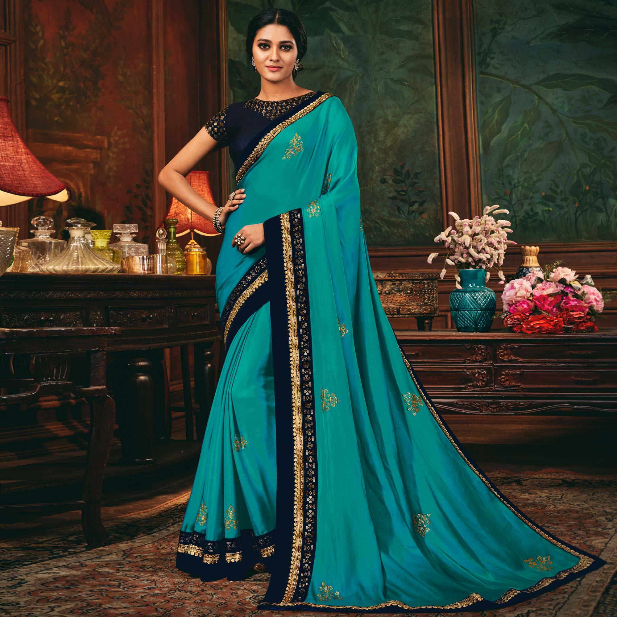 Sky Blue Festive Wear Woven Silk Saree - Peachmode