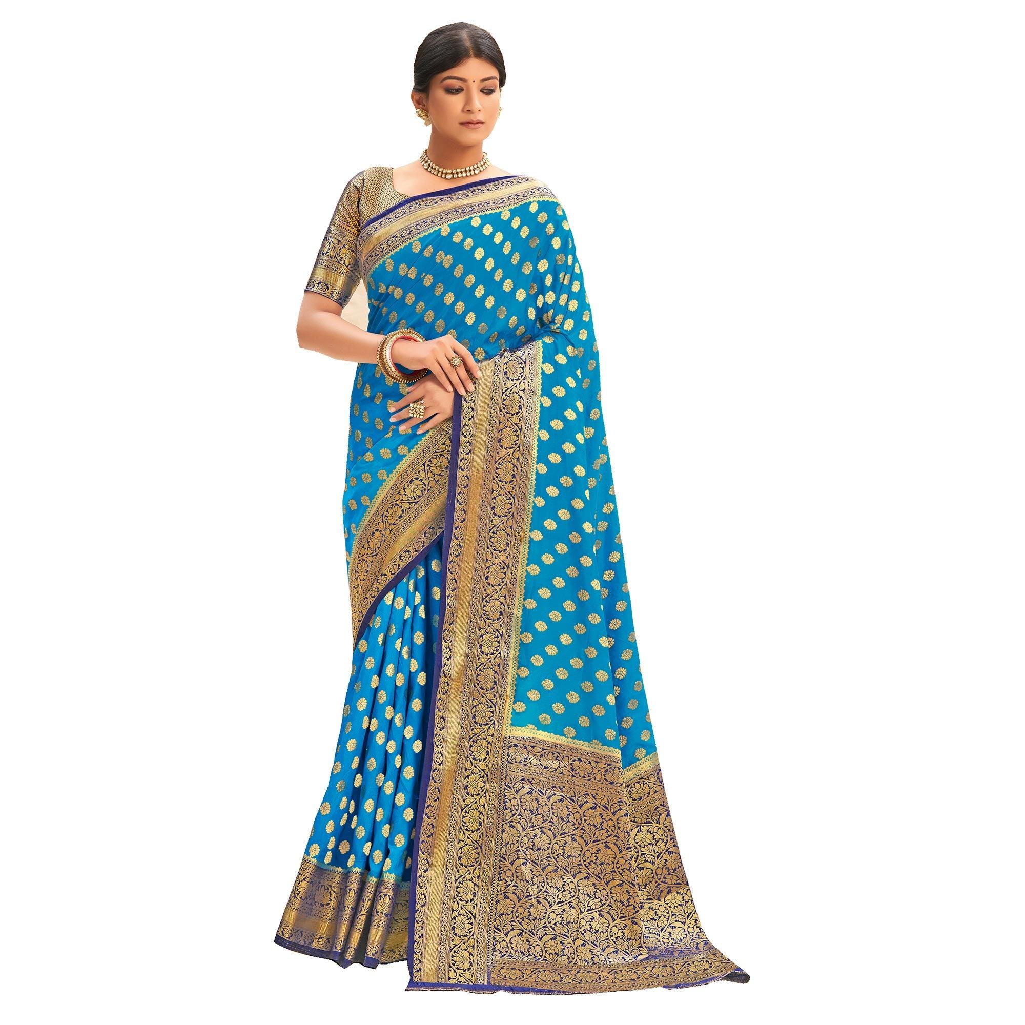 Sky Blue Festive Wear Woven Silk Saree - Peachmode