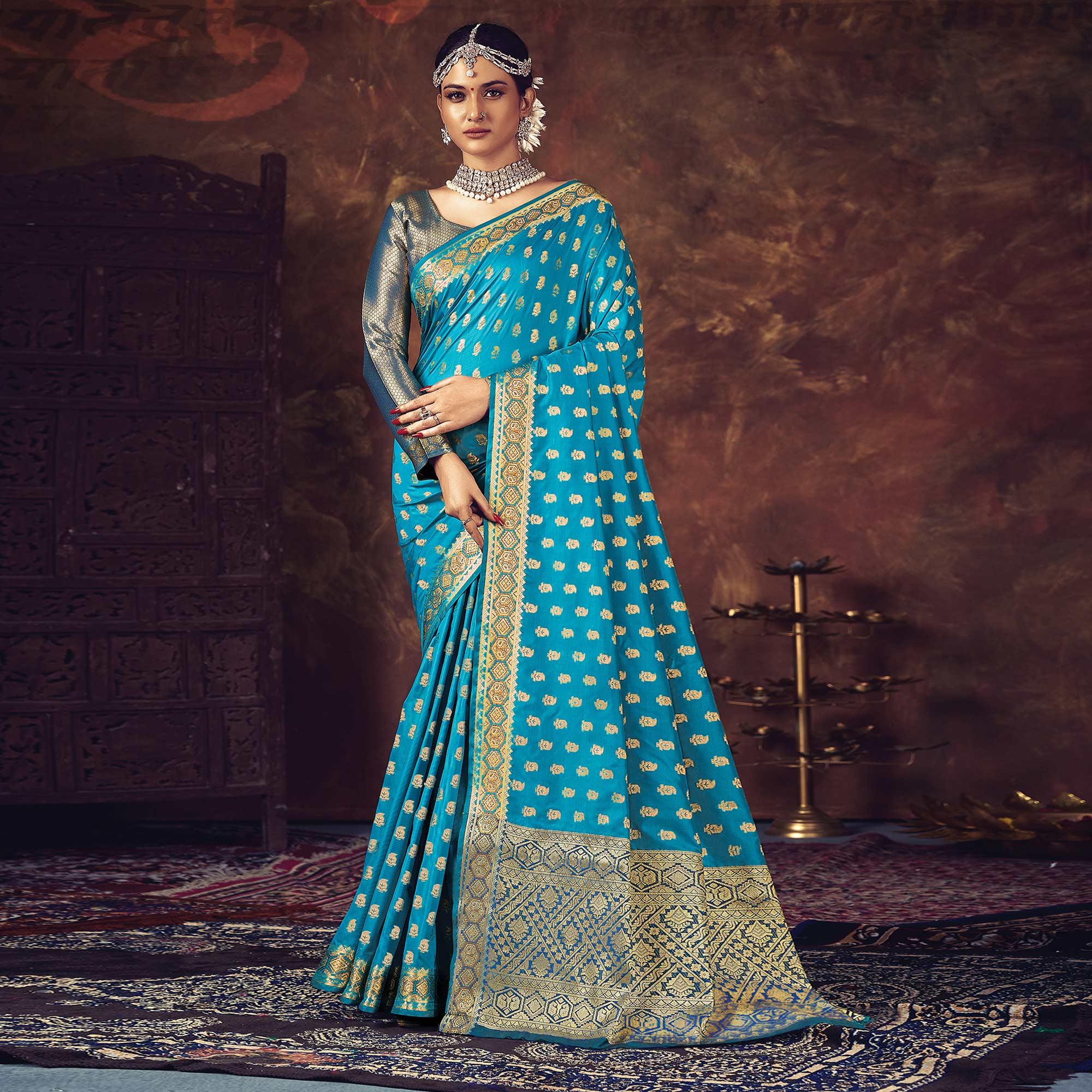 Sky Blue Festive Wear Woven Silk Saree - Peachmode