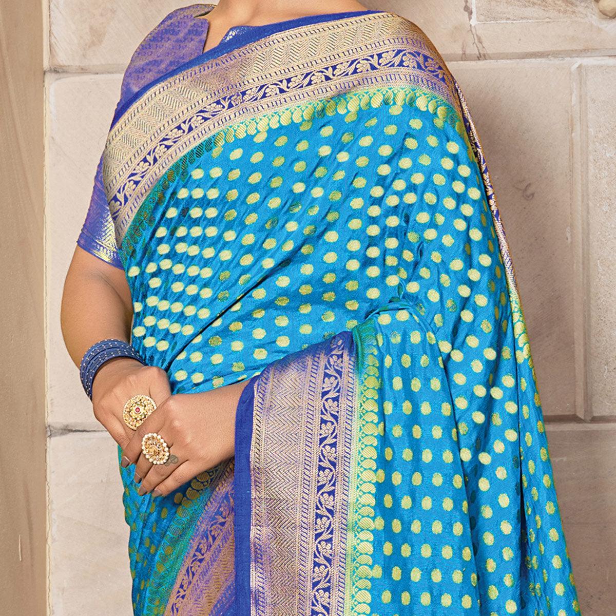 Sky Blue Festive Wear Woven Silk Saree - Peachmode