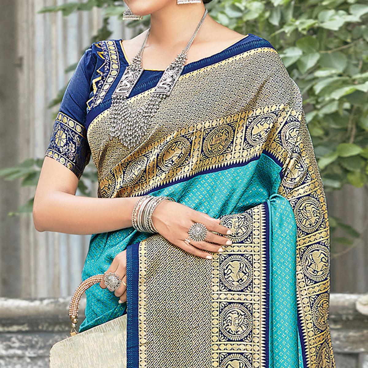 Sky Blue Festive Wear Woven Silk Saree - Peachmode