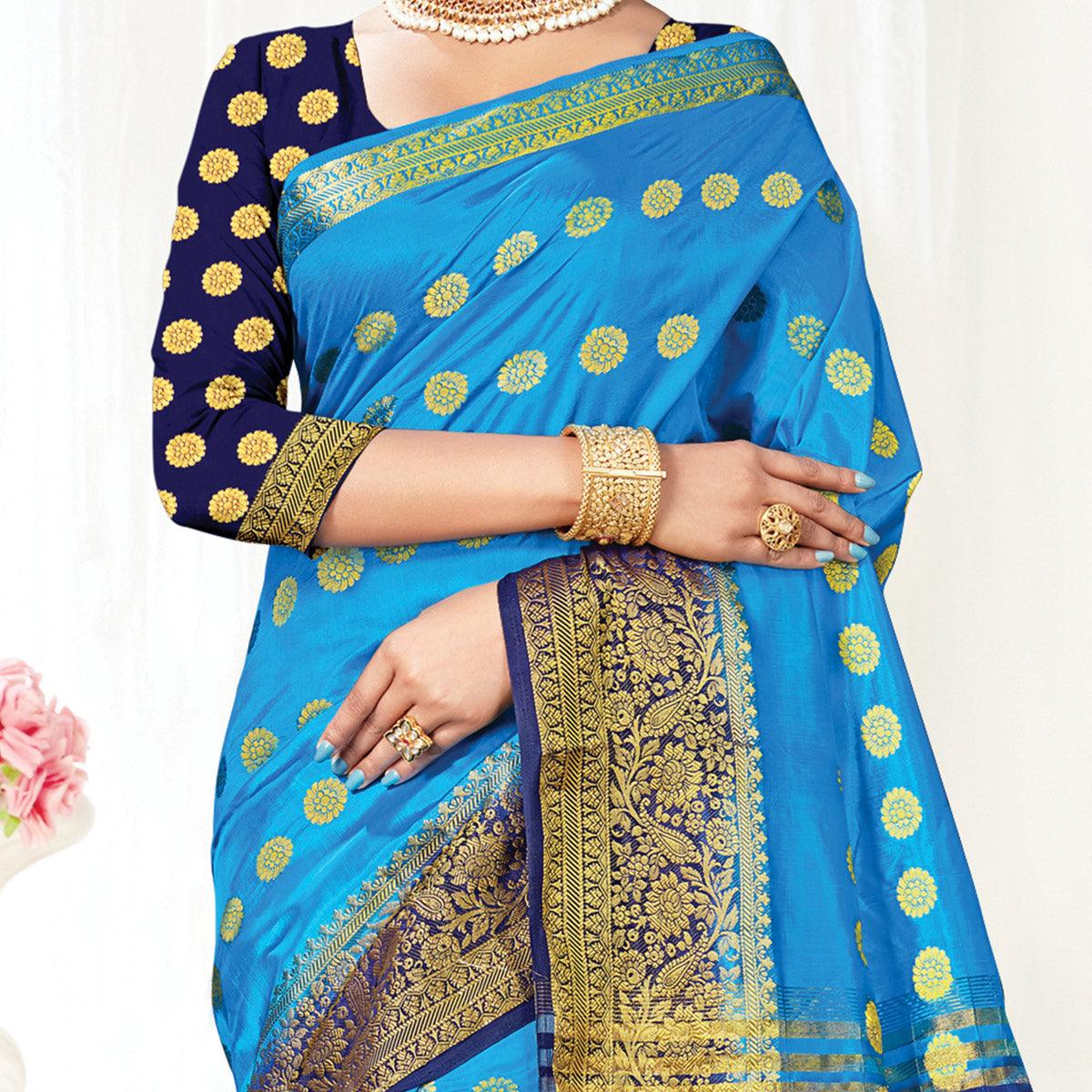 Sky Blue Festive Wear Woven Silk Saree - Peachmode