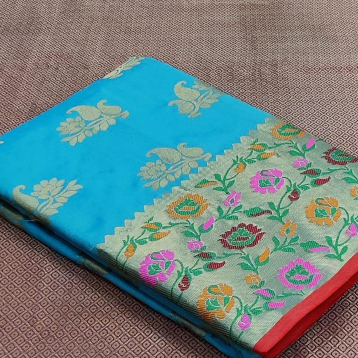 Sky Blue Festive Wear Woven Silk Saree With Border - Peachmode