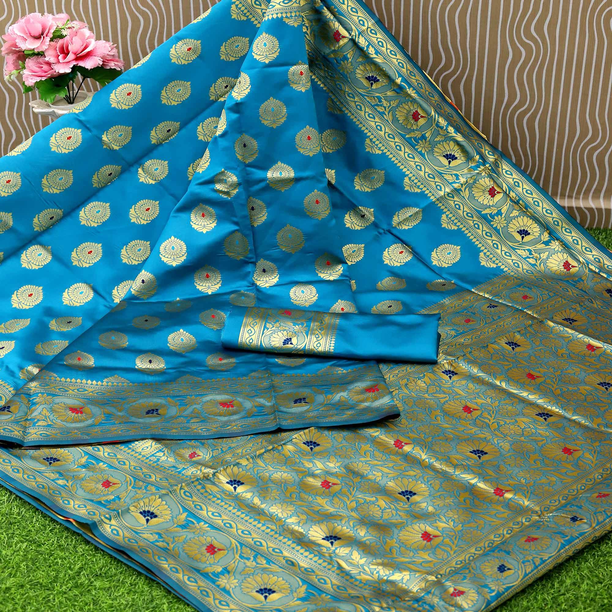 Sky Blue Festive Woven Banarasi Art Silk Saree - Peachmode