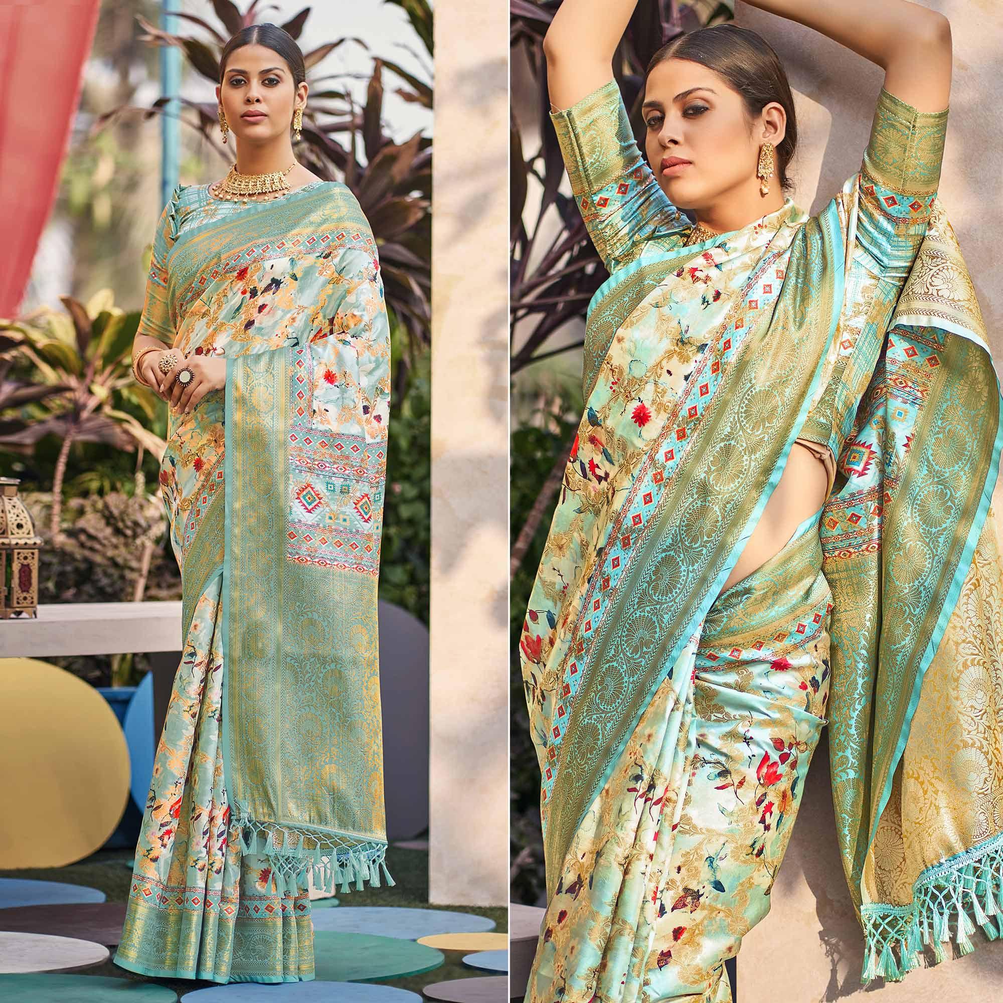 Sky Blue Floral Digital Printed Pure Silk Saree - Peachmode