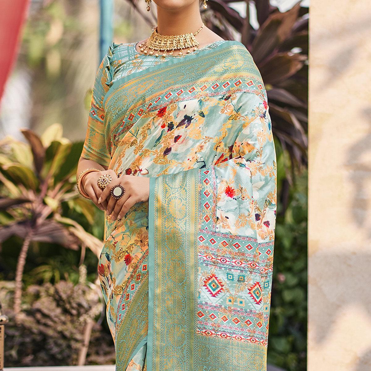 Sky Blue Floral Digital Printed Pure Silk Saree - Peachmode