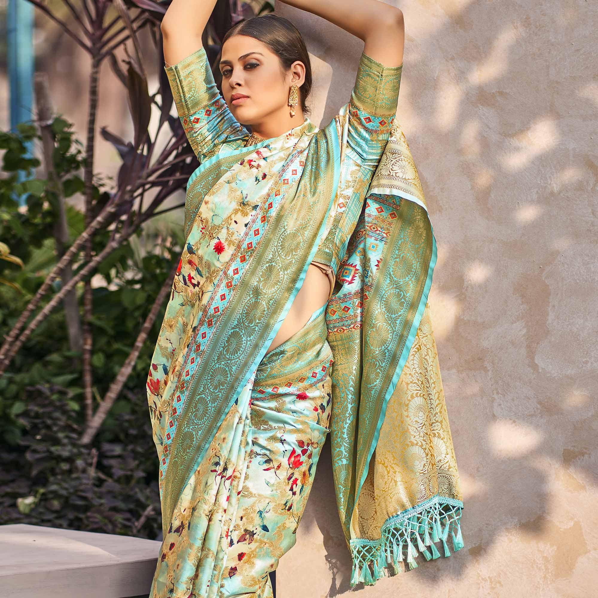 Sky Blue Floral Digital Printed Pure Silk Saree - Peachmode