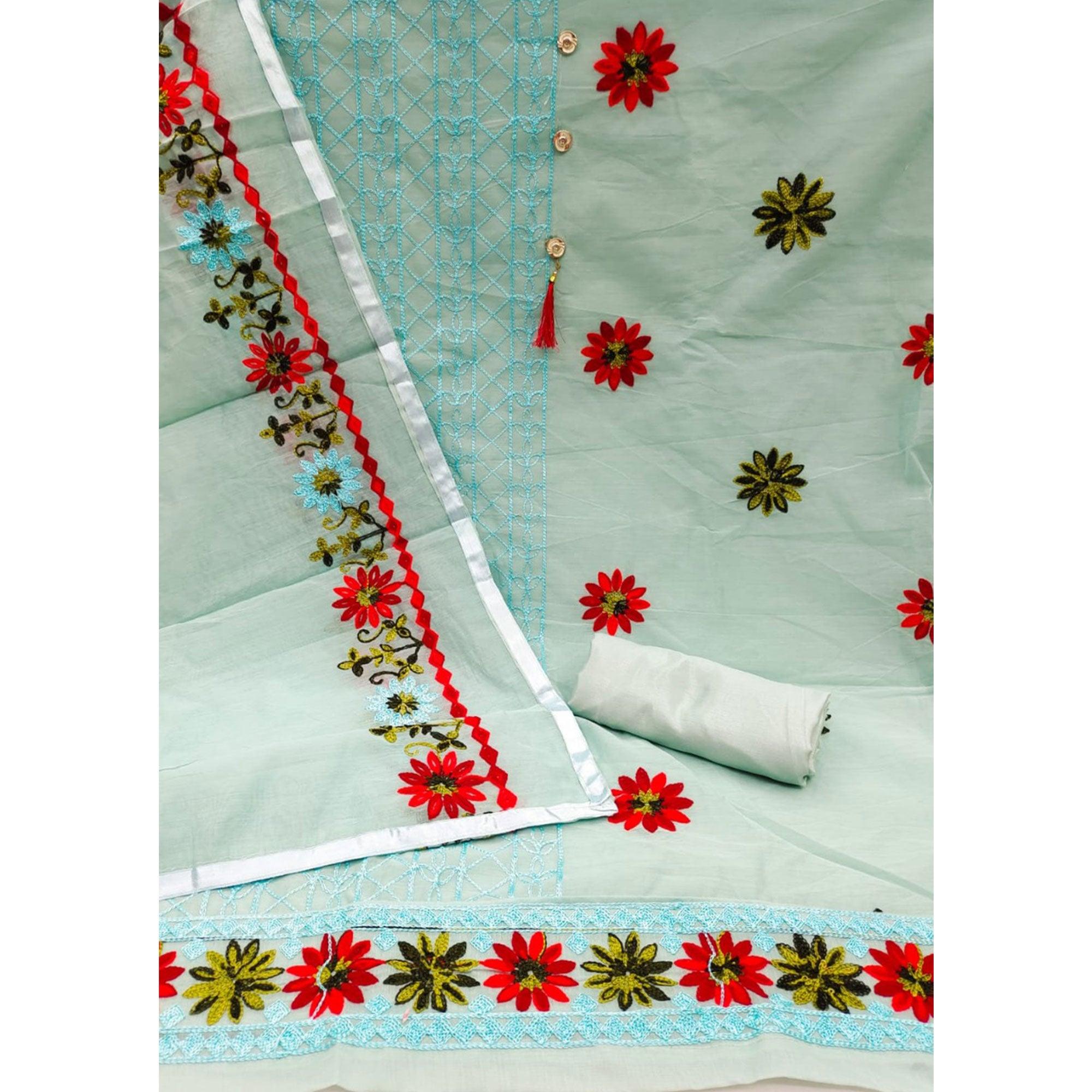 Sky Blue Floral Embroidered Chanderi Dress Material - Peachmode
