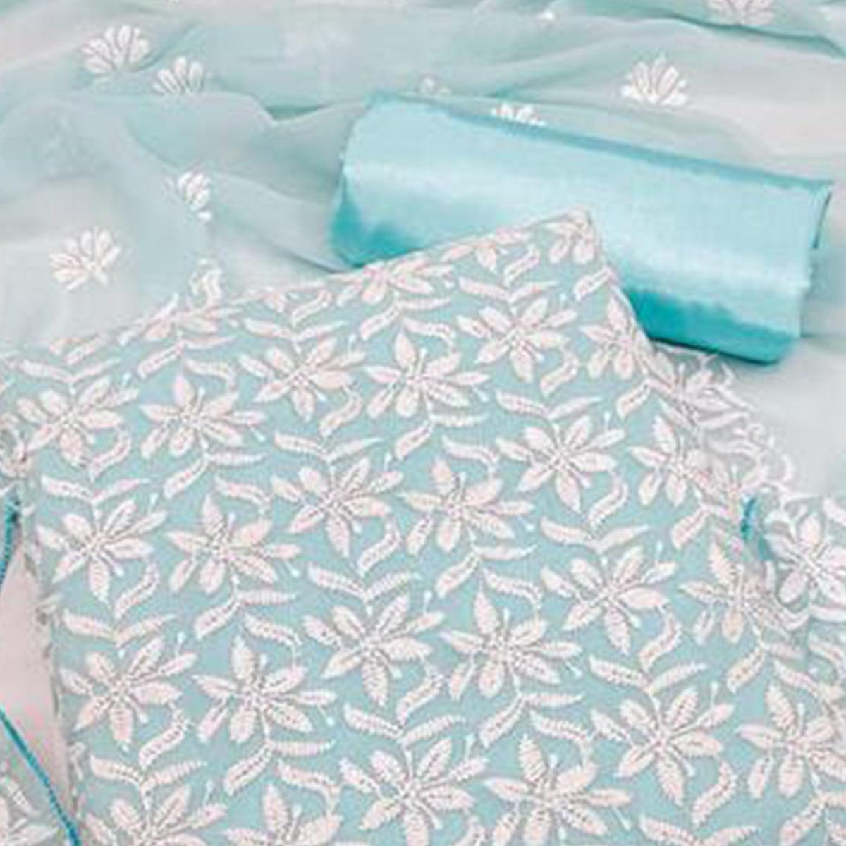 Sky Blue Floral Embroidered Georgette Dress Material - Peachmode