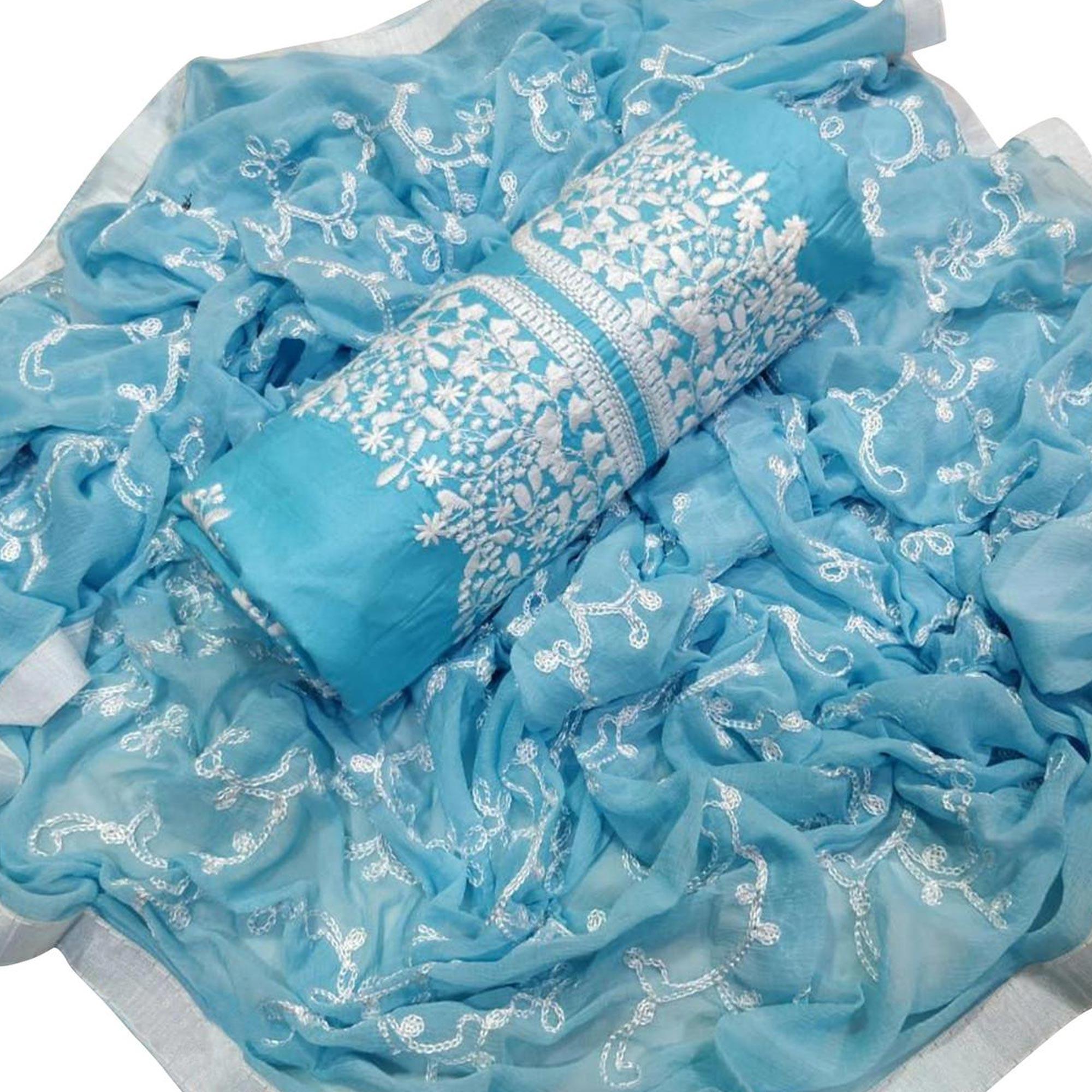 Gleaming Sky Blue Colored Casual Wear Embroidered Cotton Dress Material