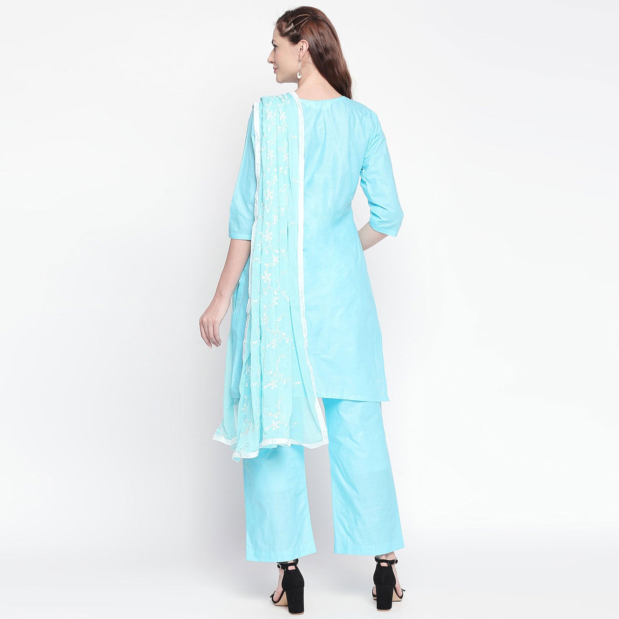 Sky Blue Floral Embroidered Pure Cotton Dress Material - Peachmode
