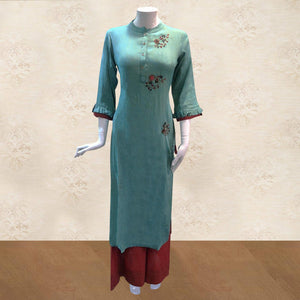 Sky Blue Floral Embroidered Pure Cotton Kurti Palazzo Set - Peachmode