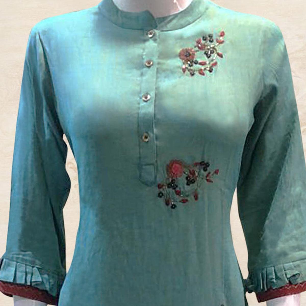 Sky Blue Floral Embroidered Pure Cotton Kurti Palazzo Set - Peachmode