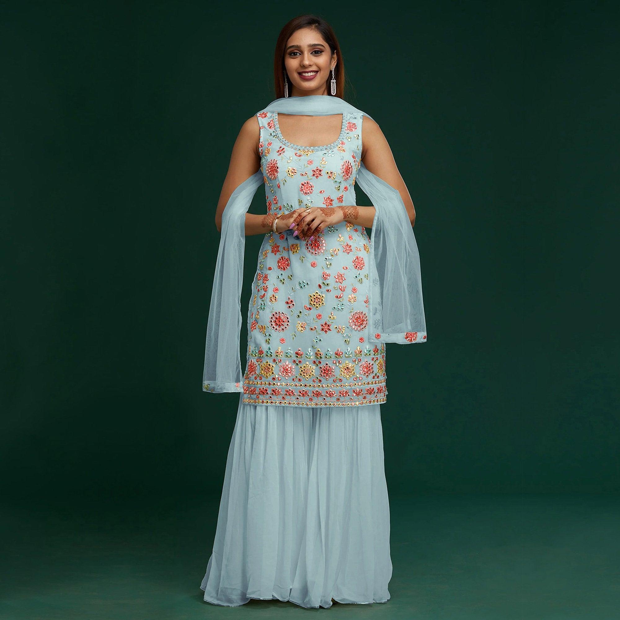 Sky Blue Floral Embroidered With Mirror Work Georgette Sharara Suit - Peachmode