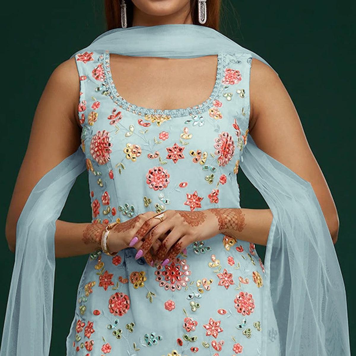 Sky Blue Floral Embroidered With Mirror Work Georgette Sharara Suit - Peachmode