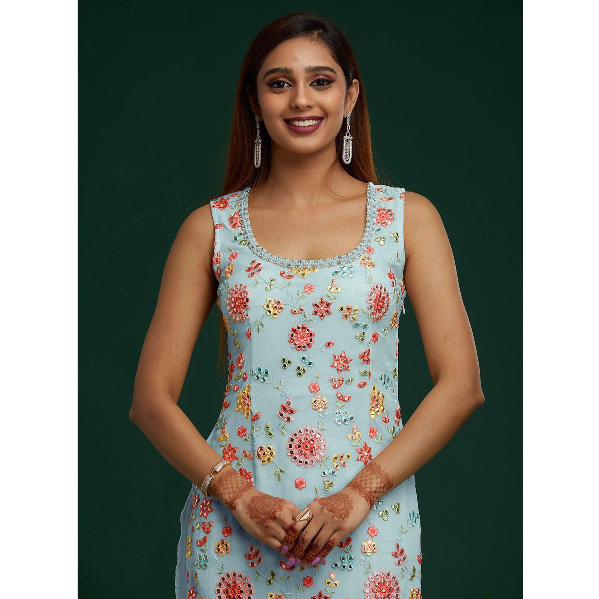 Sky Blue Floral Embroidered With Mirror Work Georgette Sharara Suit - Peachmode