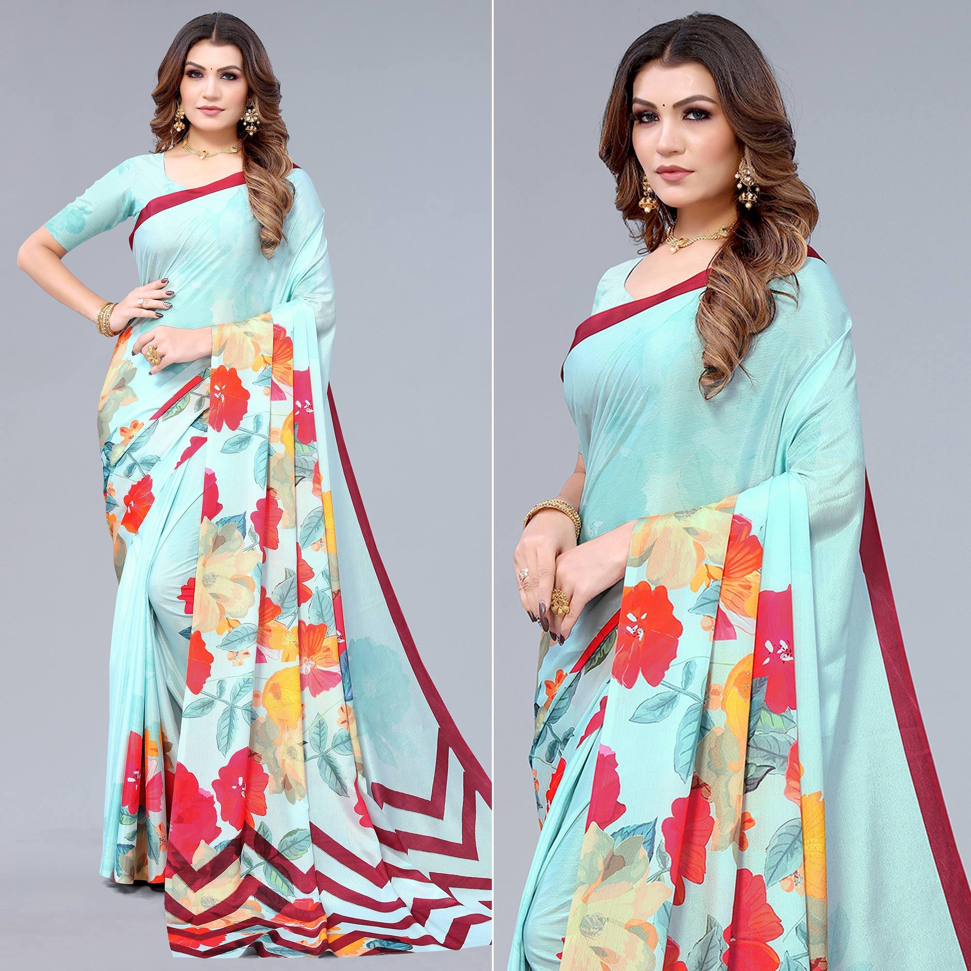 Sky Blue Floral Printed Chiffon Saree - Peachmode