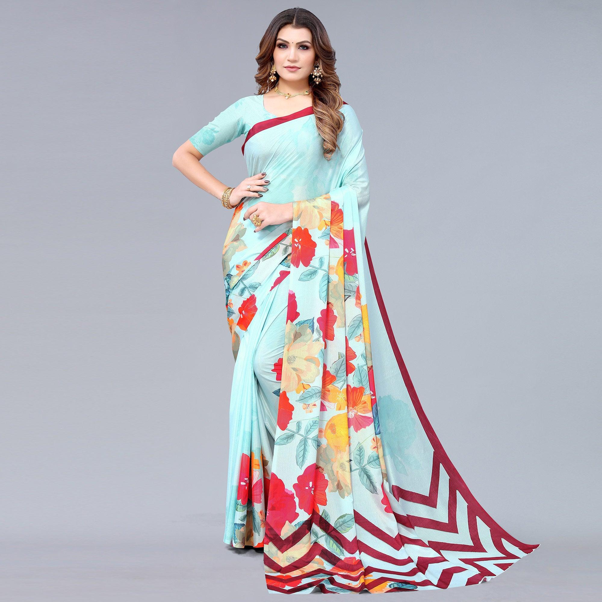 Sky Blue Floral Printed Chiffon Saree - Peachmode