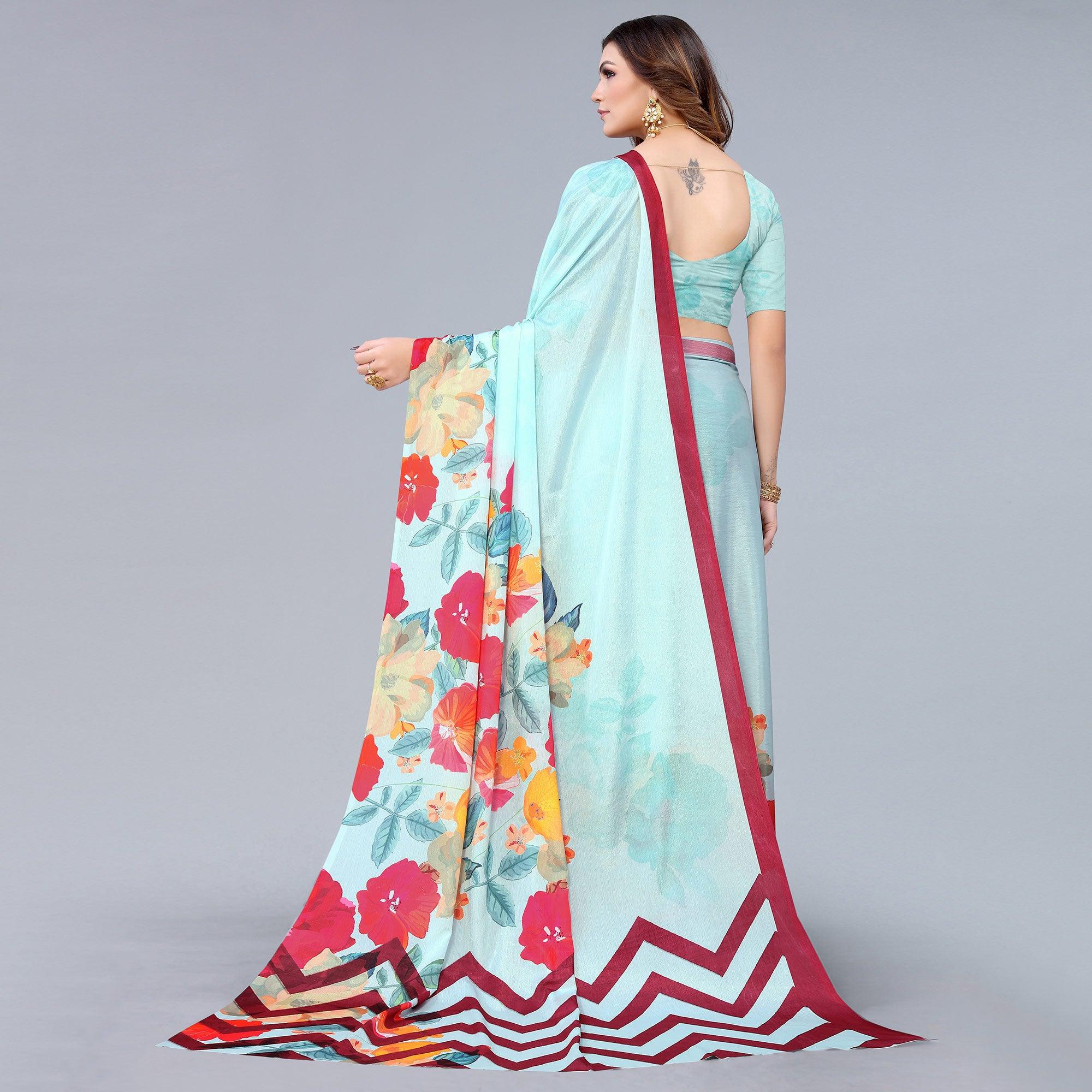 Sky Blue Floral Printed Chiffon Saree - Peachmode