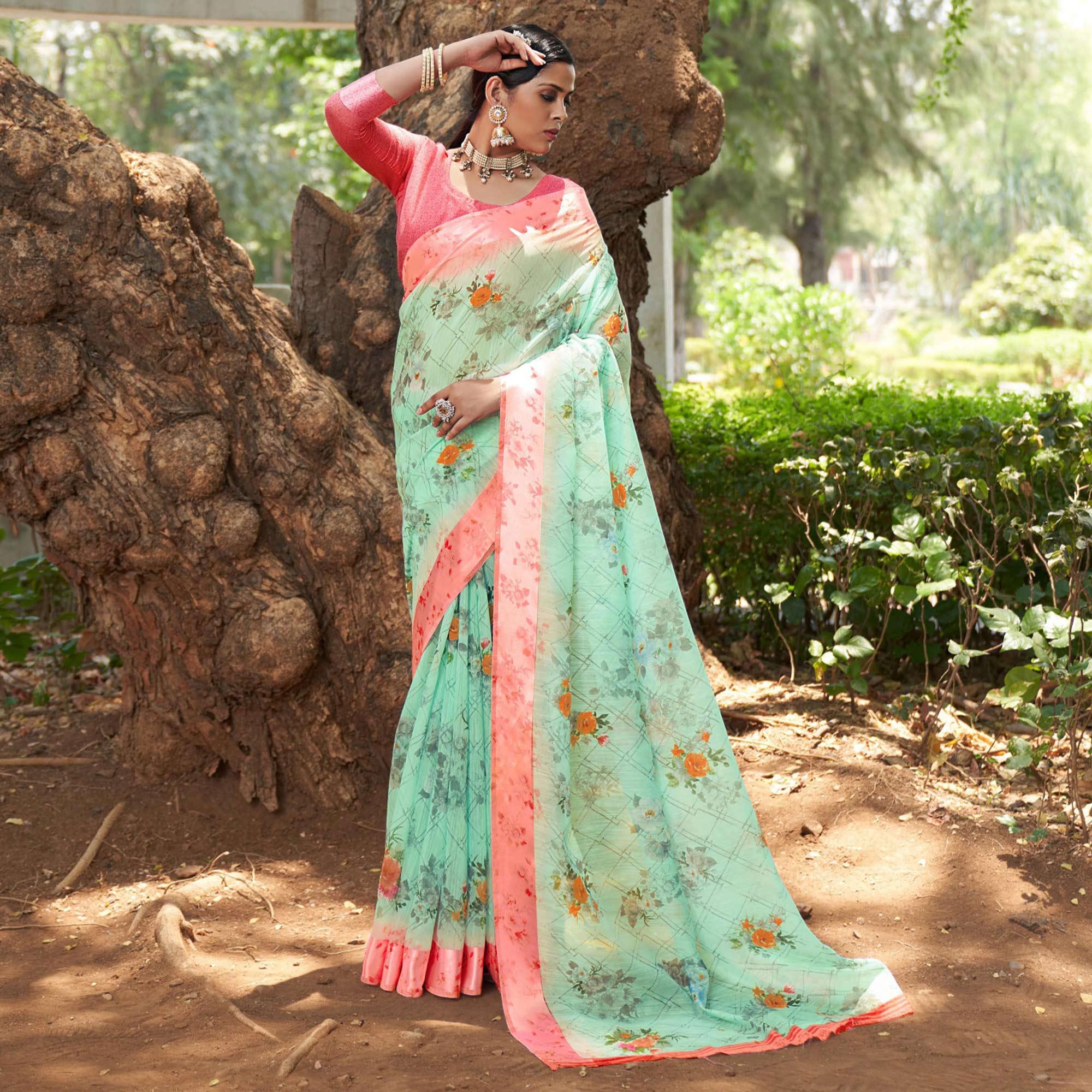 Sky Blue Floral Printed Linen Saree - Peachmode