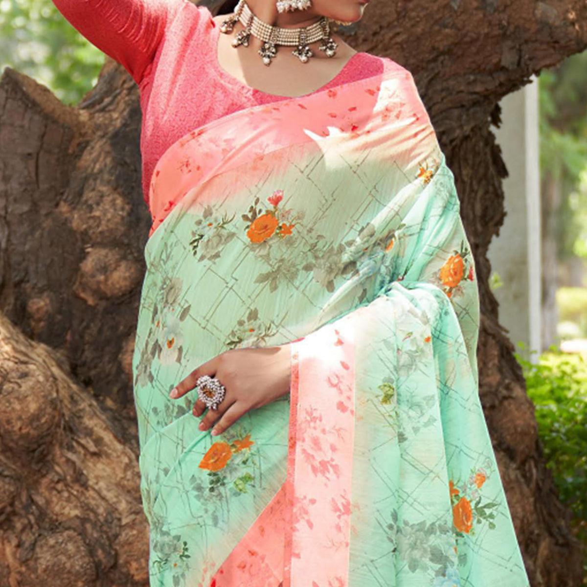 Sky Blue Floral Printed Linen Saree - Peachmode