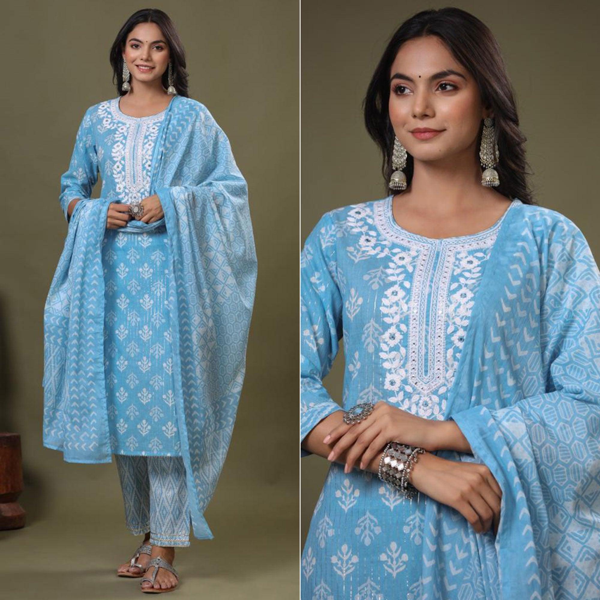 Sky Blue Floral Printed Pure Cotton Kurti Pant Set With Dupatta - Peachmode