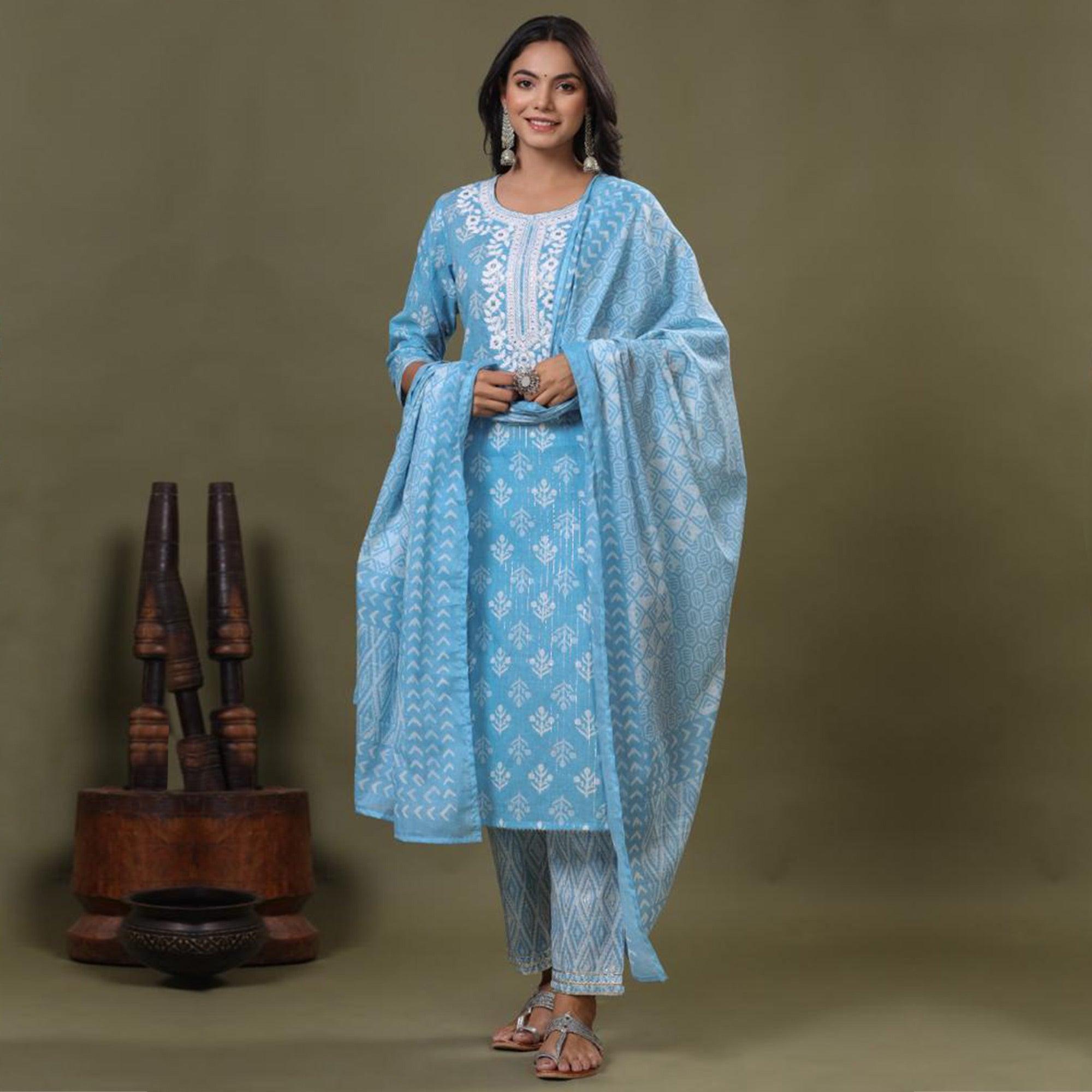 Sky Blue Floral Printed Pure Cotton Kurti Pant Set With Dupatta - Peachmode