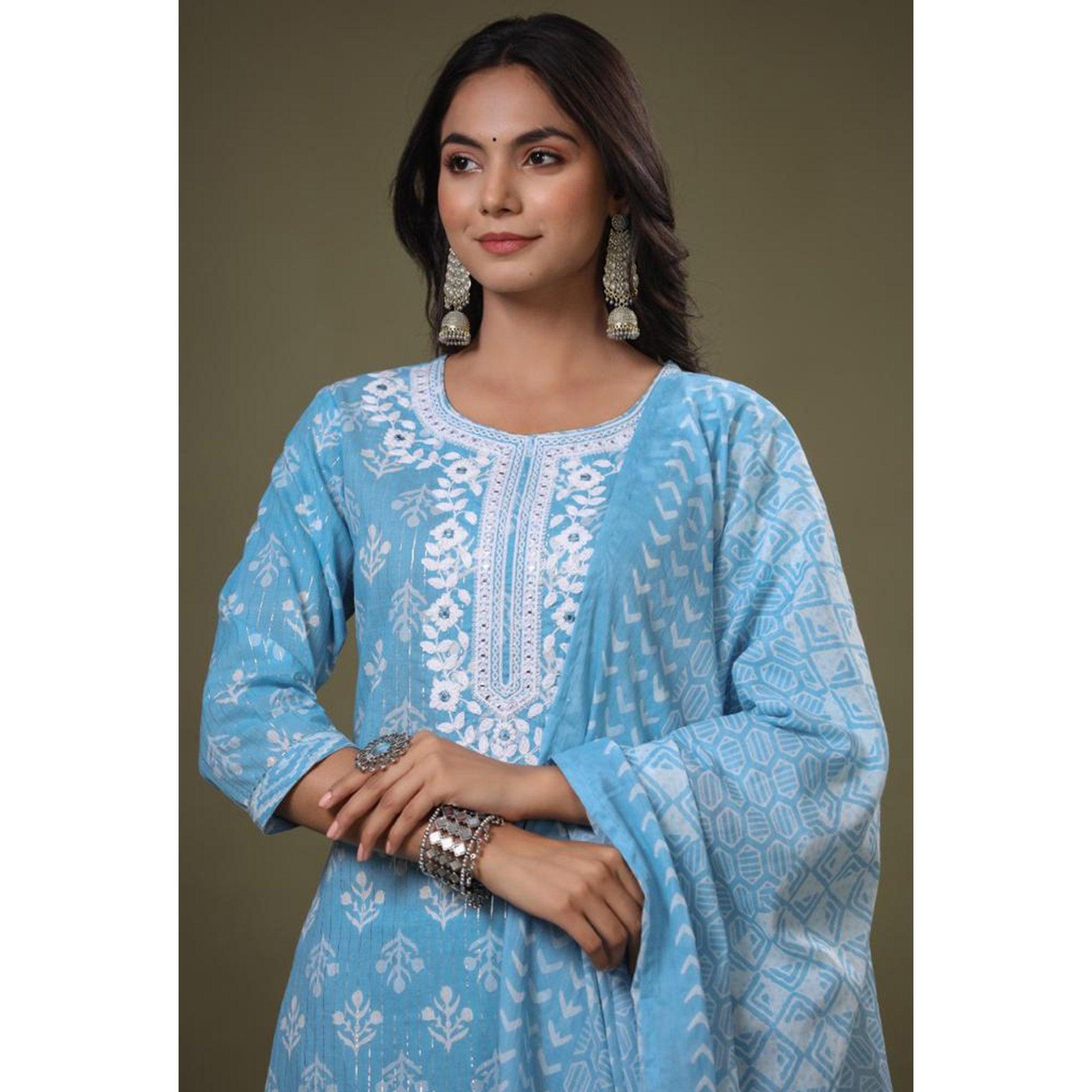 Sky Blue Floral Printed Pure Cotton Kurti Pant Set With Dupatta - Peachmode