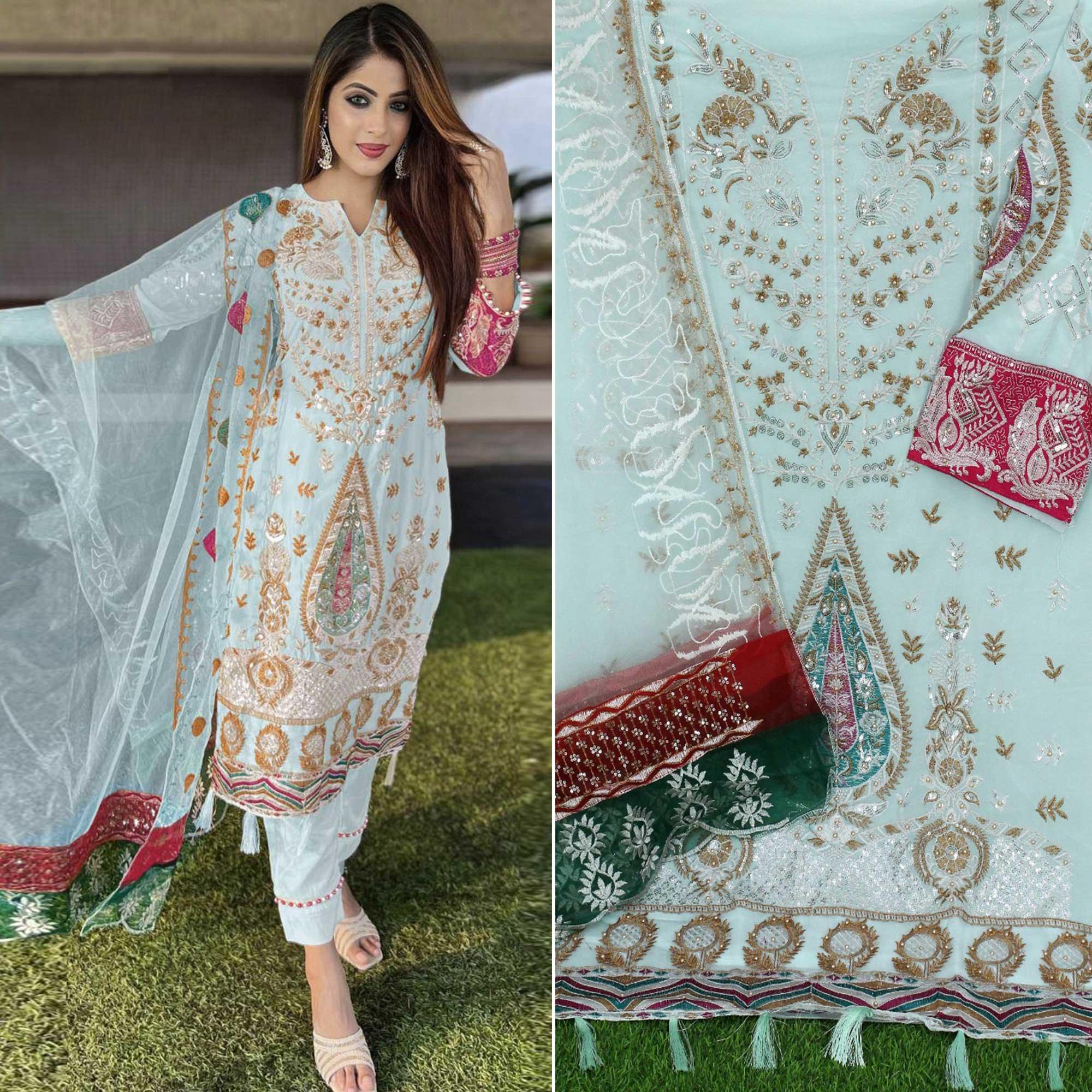 Sky Blue Floral Sequence Embroidered Georgette Pakistani Suit - Peachmode