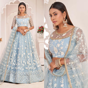 Sky Blue Floral Sequence Embroidered Net Lehenga Choli - Peachmode