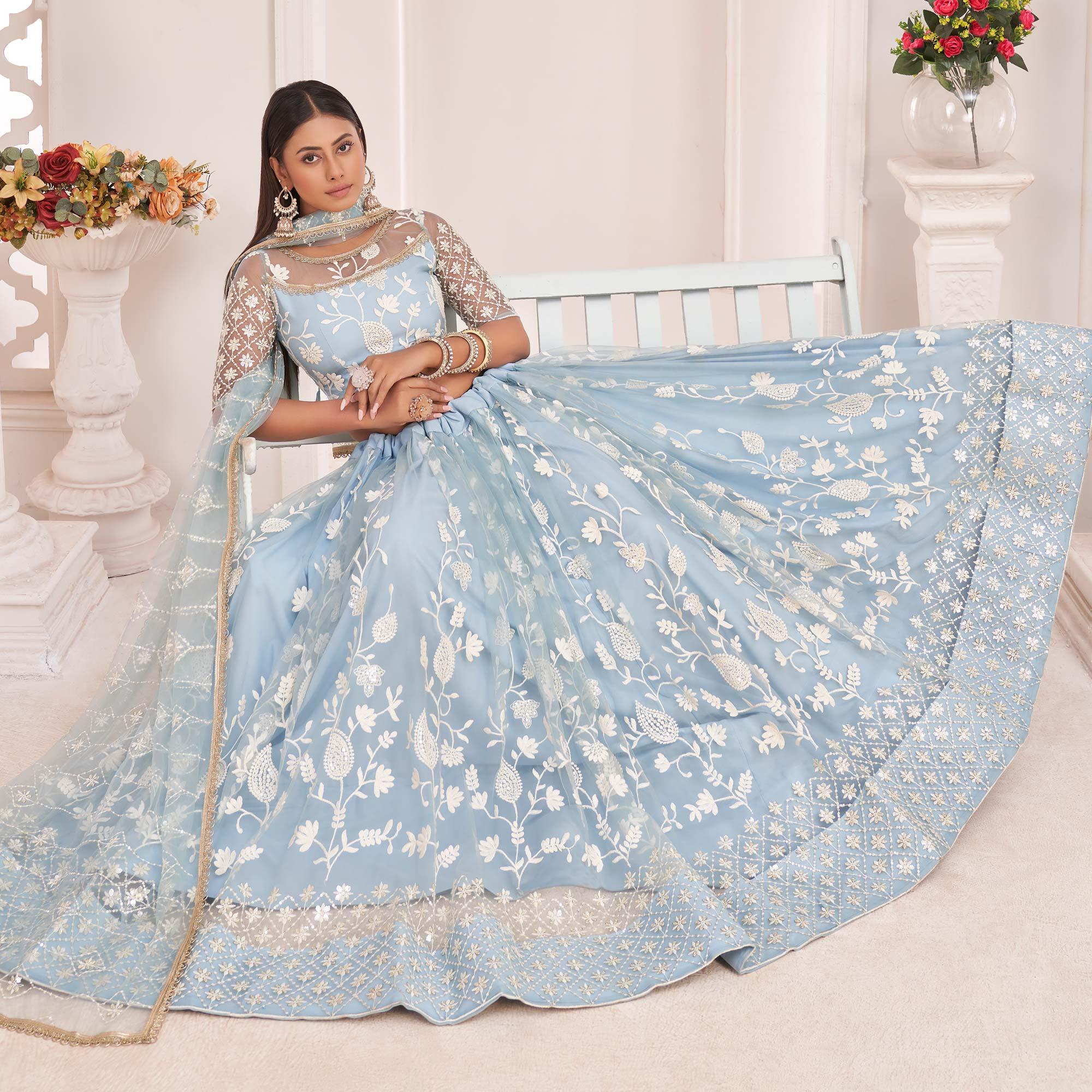 Sky Blue Floral Sequence Embroidered Net Lehenga Choli - Peachmode