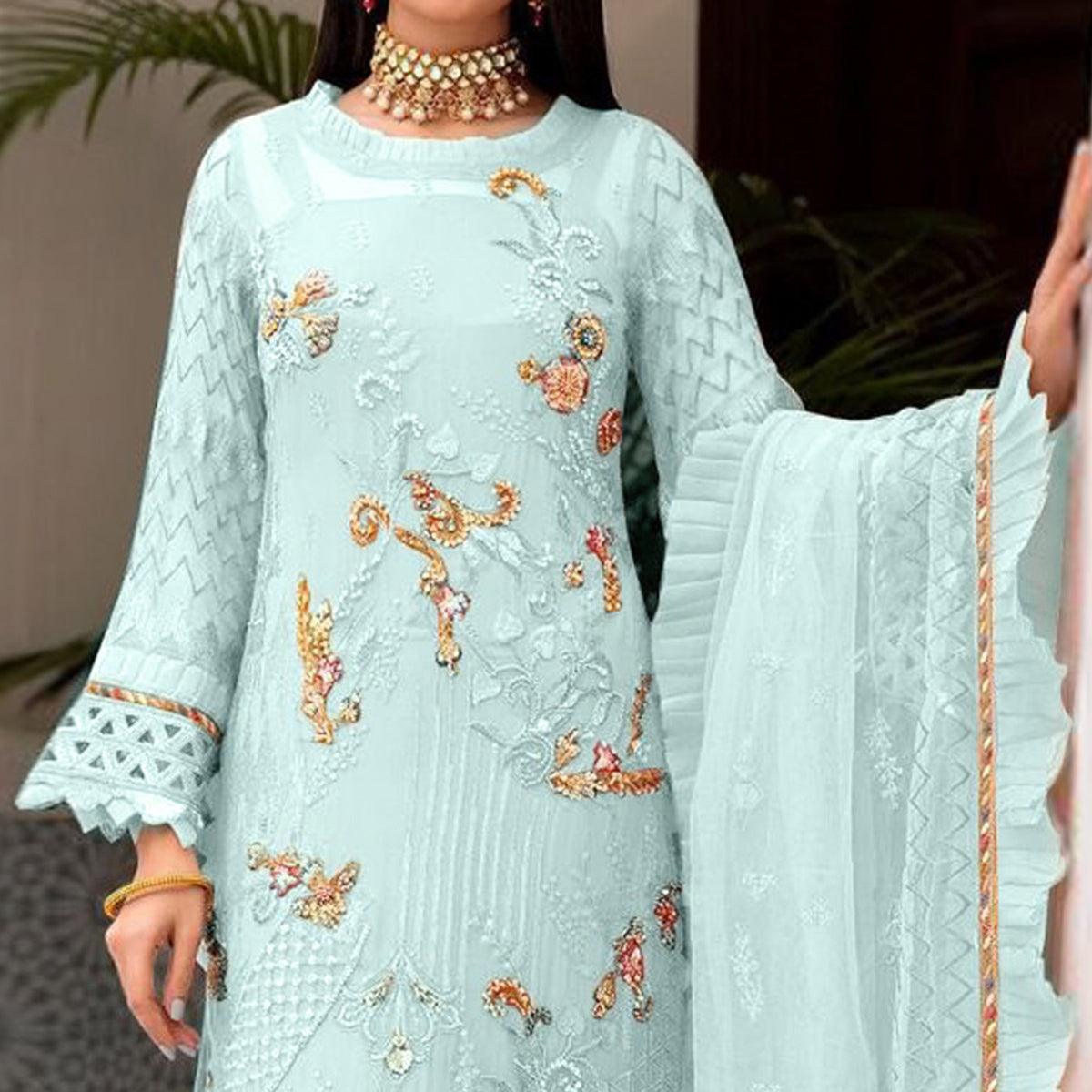 Sky Blue Floral Sequence Embroidered Work Georgette Pakistani Suit - Peachmode