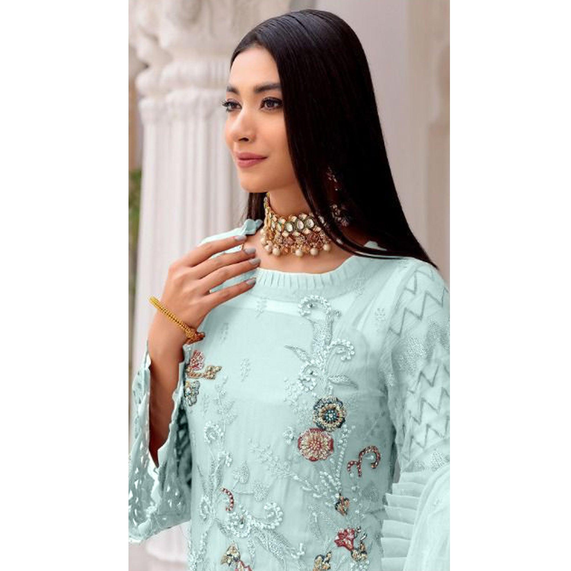 Sky Blue Floral Sequence Embroidered Work Georgette Pakistani Suit - Peachmode
