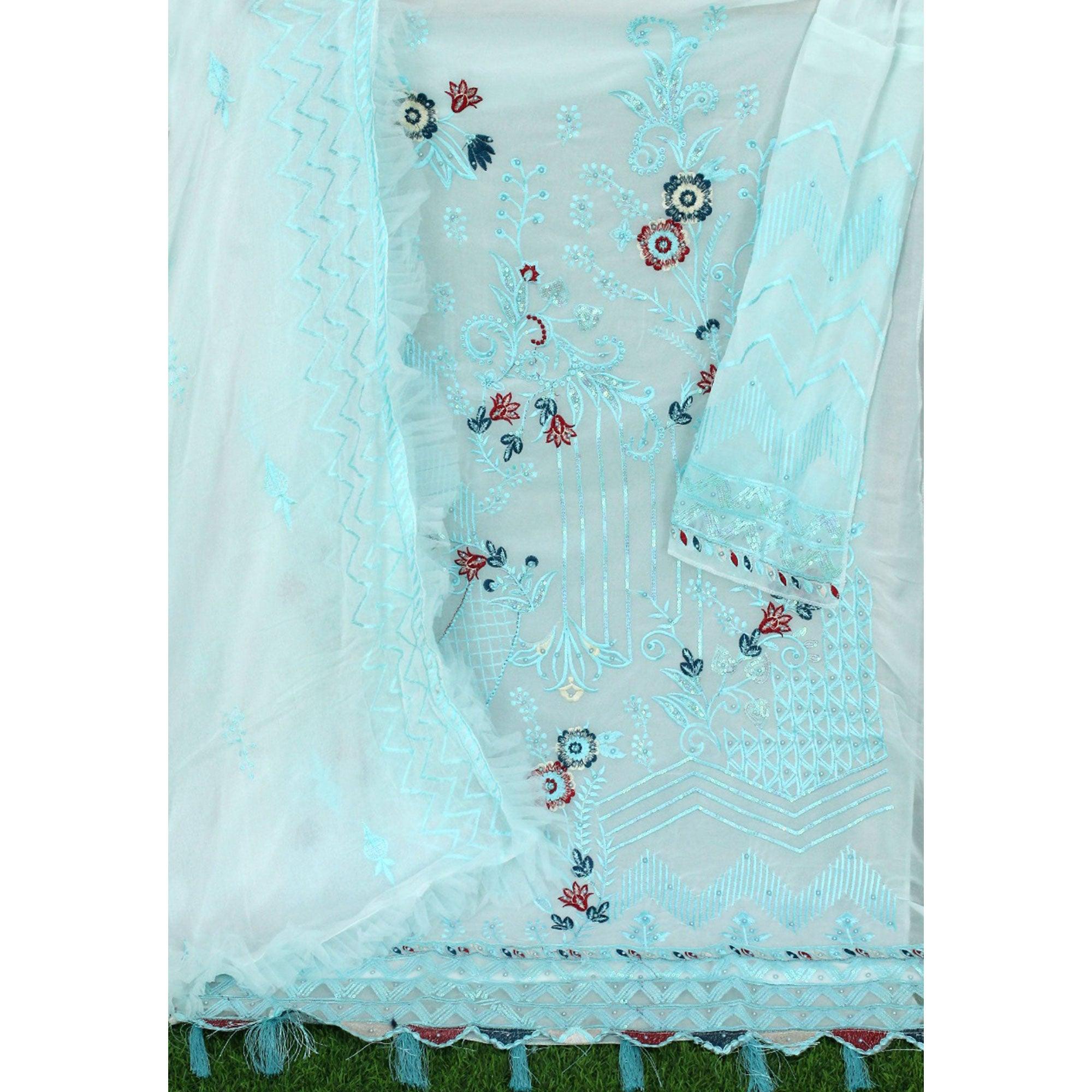 Sky Blue Floral Sequence Embroidered Work Georgette Pakistani Suit - Peachmode