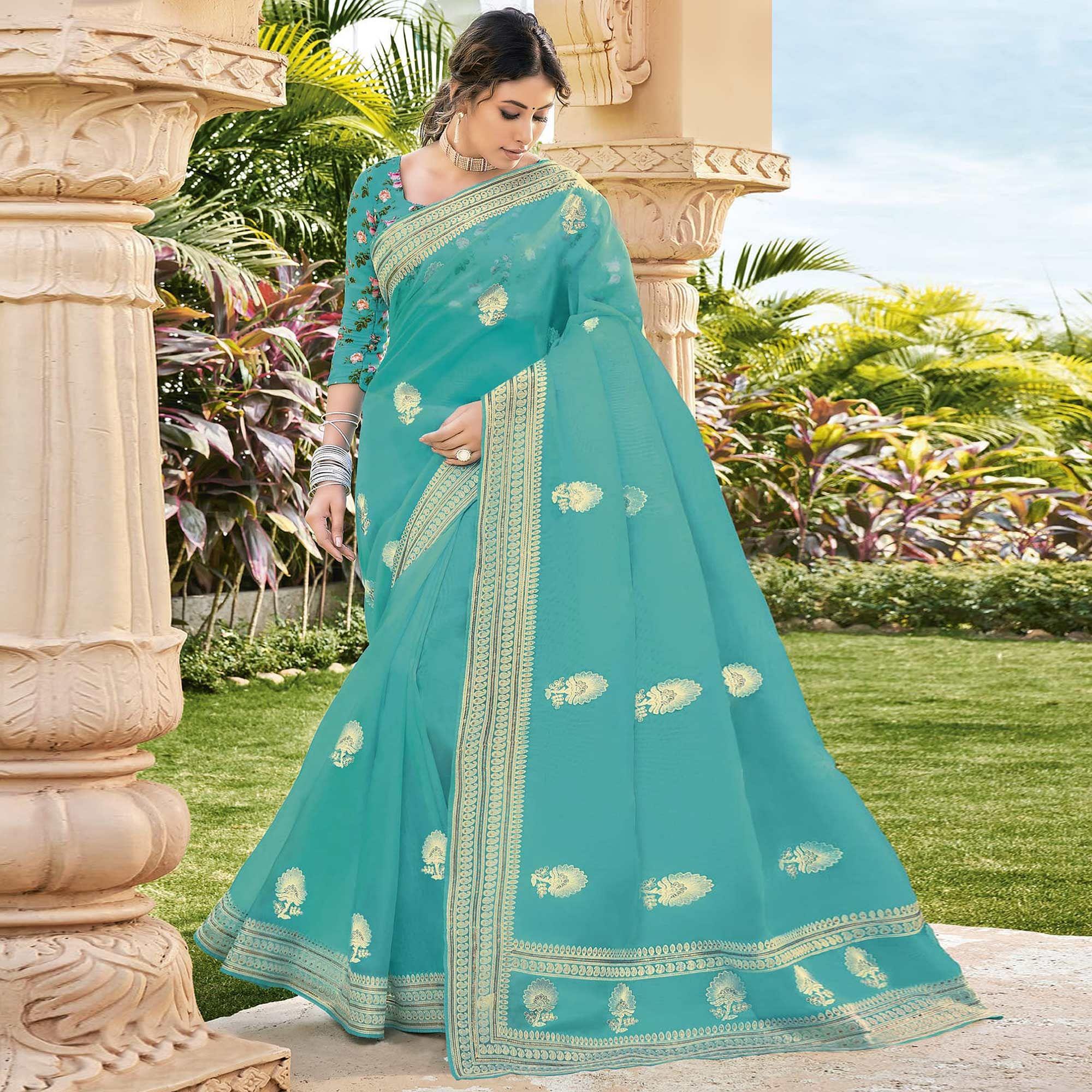 Sky Blue Foil Printed Georgette Saree - Peachmode