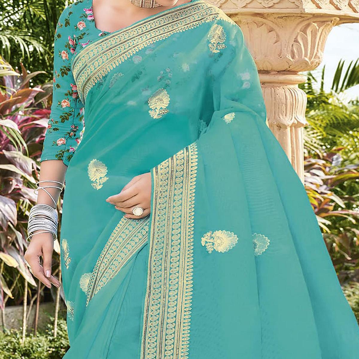 Sky Blue Foil Printed Georgette Saree - Peachmode