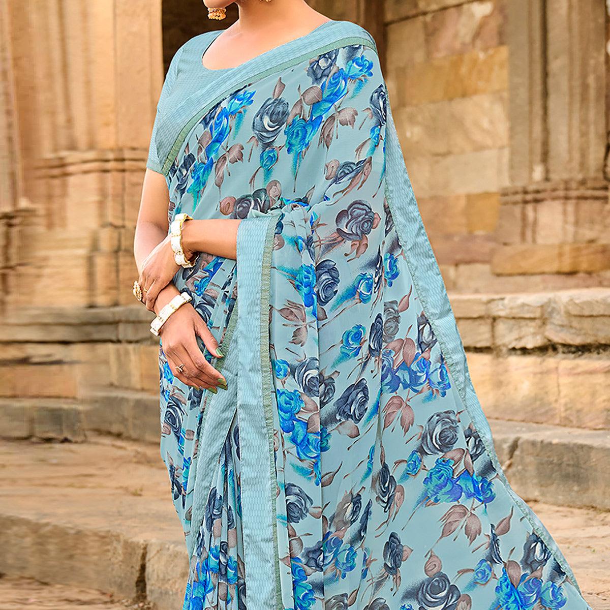 Sky Blue Foil Printed Georgette Saree - Peachmode
