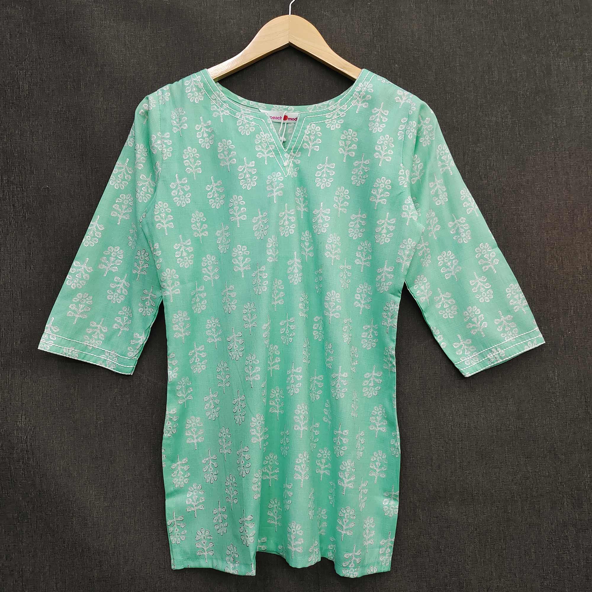 Sky Blue Foil Printed Rayon Top - Peachmode