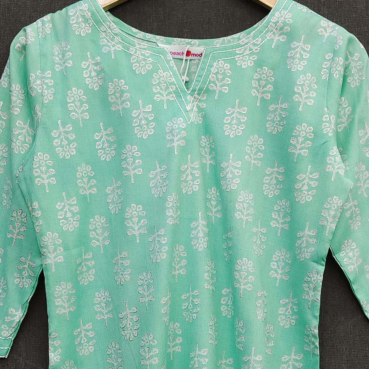 Sky Blue Foil Printed Rayon Top - Peachmode