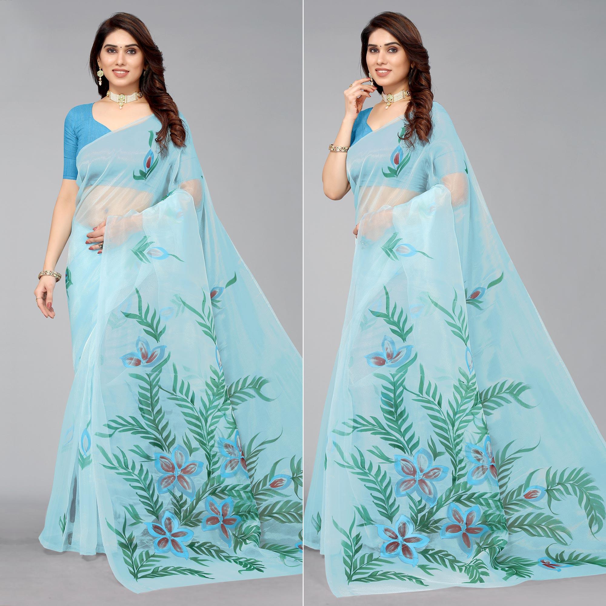 Sky Blue Hand Printed Organza Saree - Peachmode