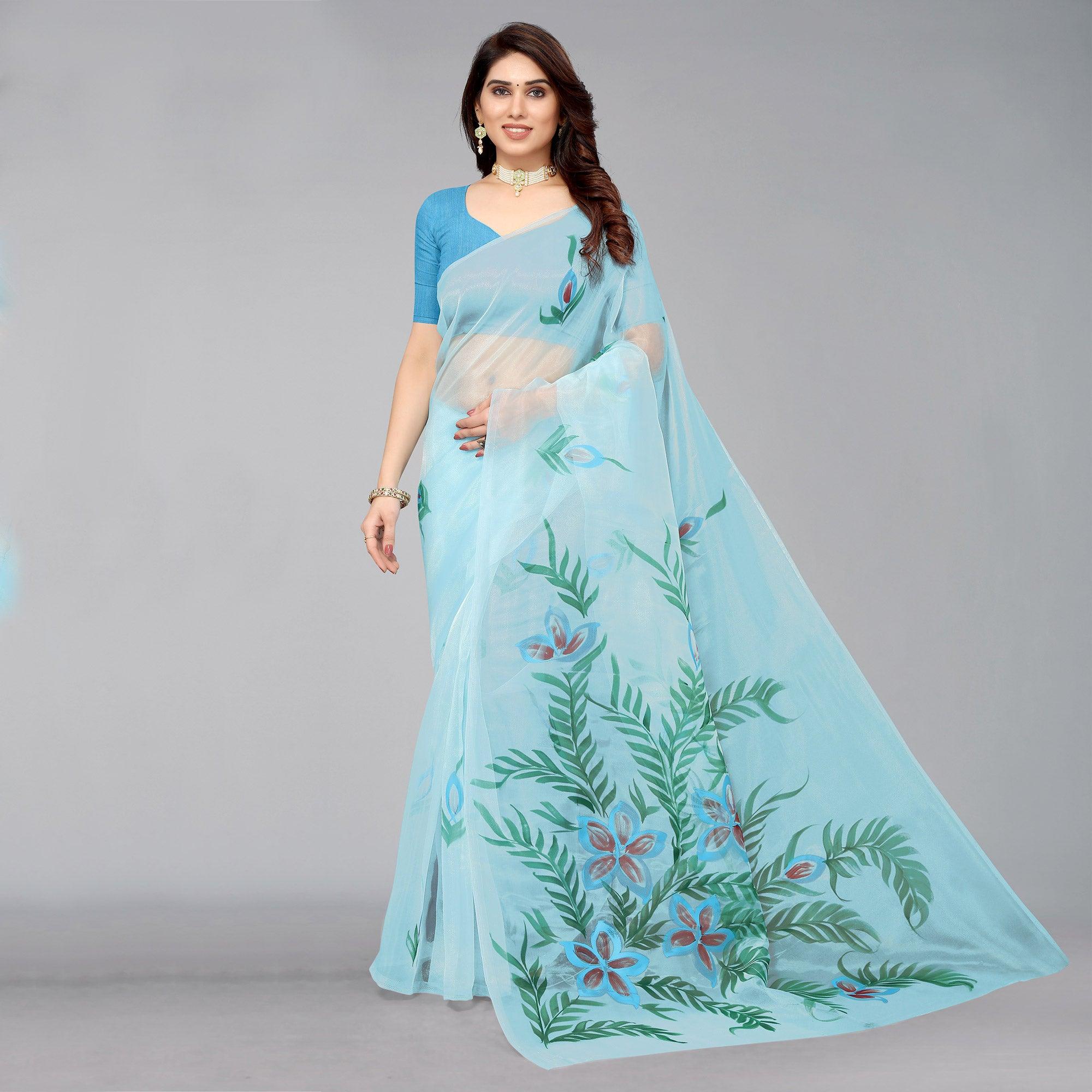 Sky Blue Hand Printed Organza Saree - Peachmode