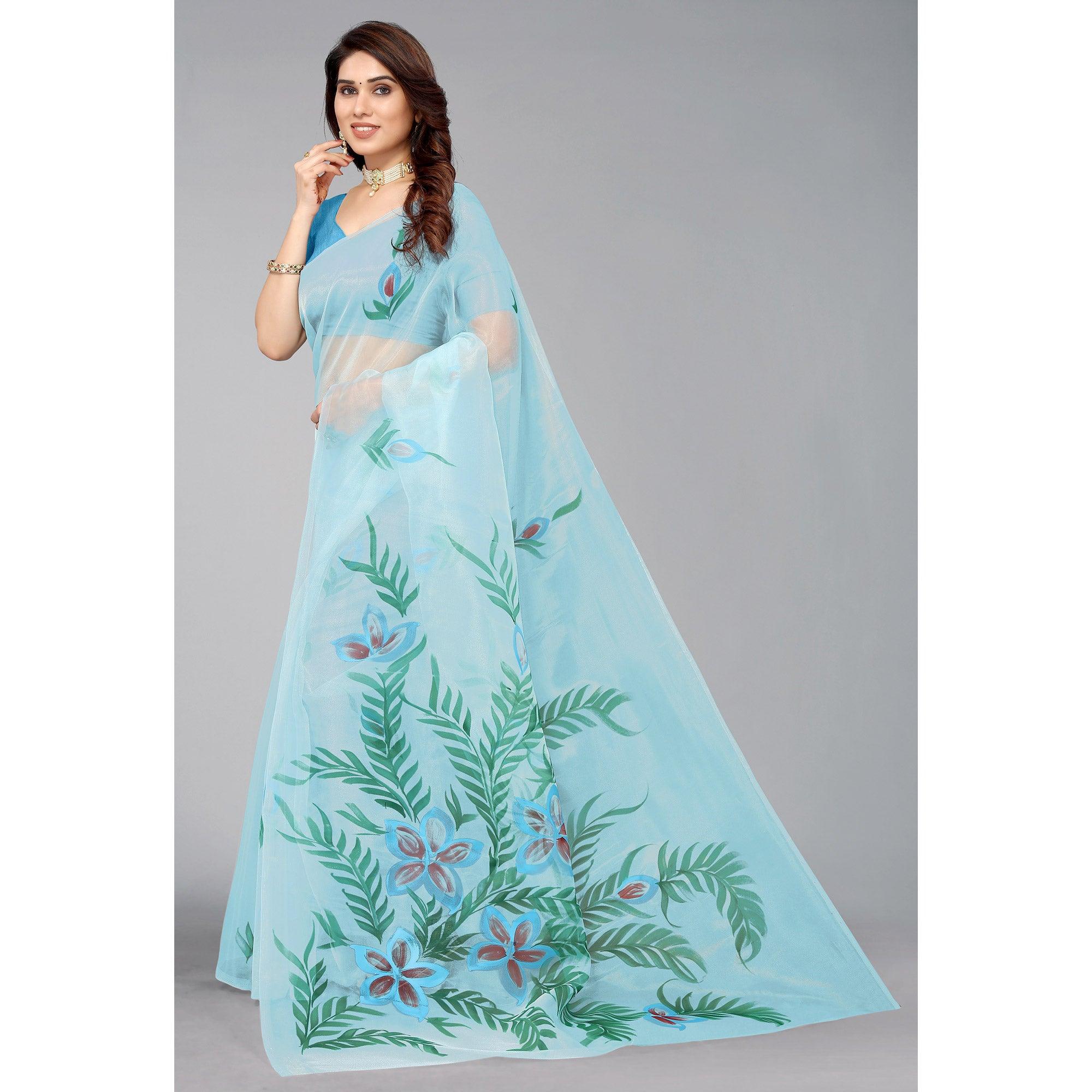 Sky Blue Hand Printed Organza Saree - Peachmode