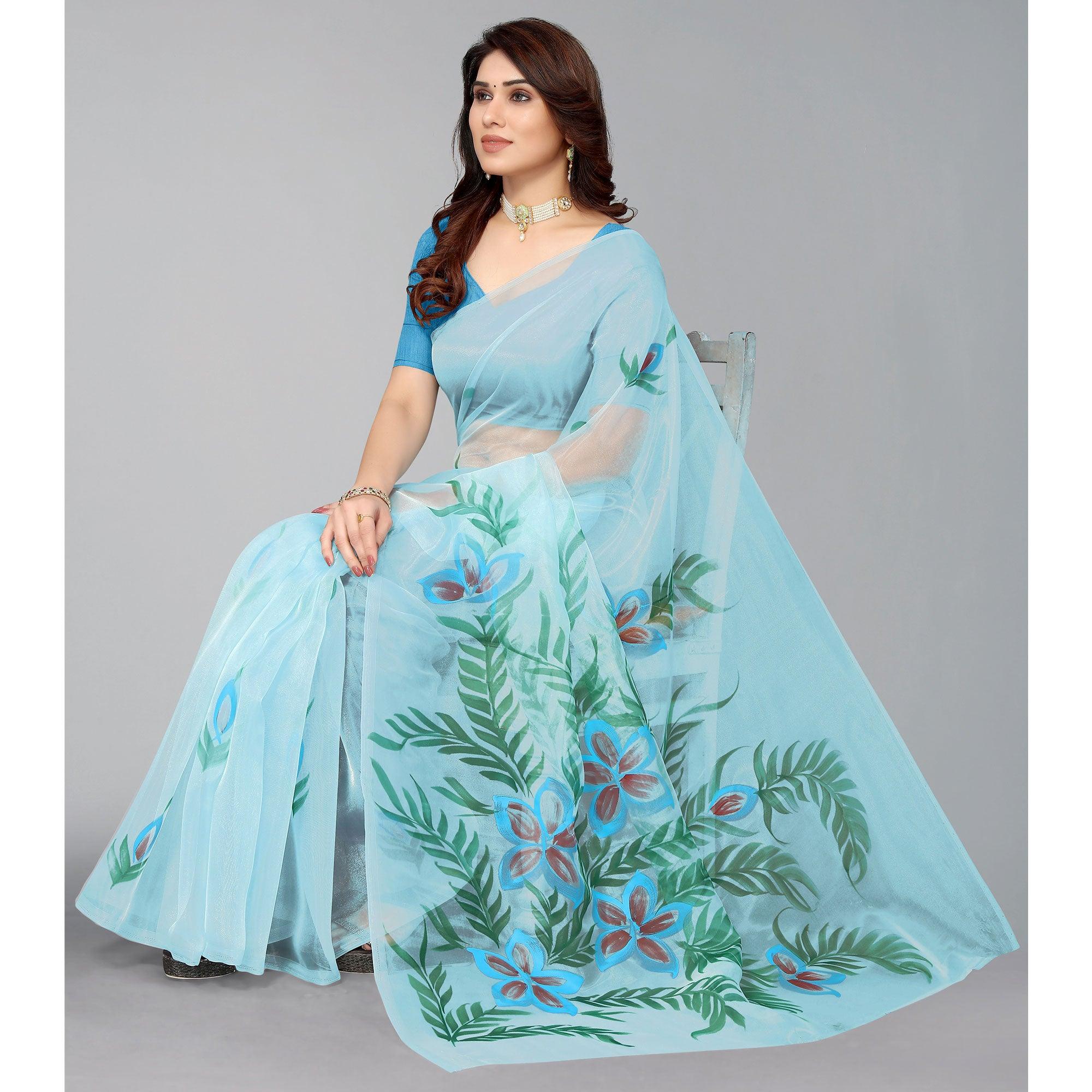 Sky Blue Hand Printed Organza Saree - Peachmode