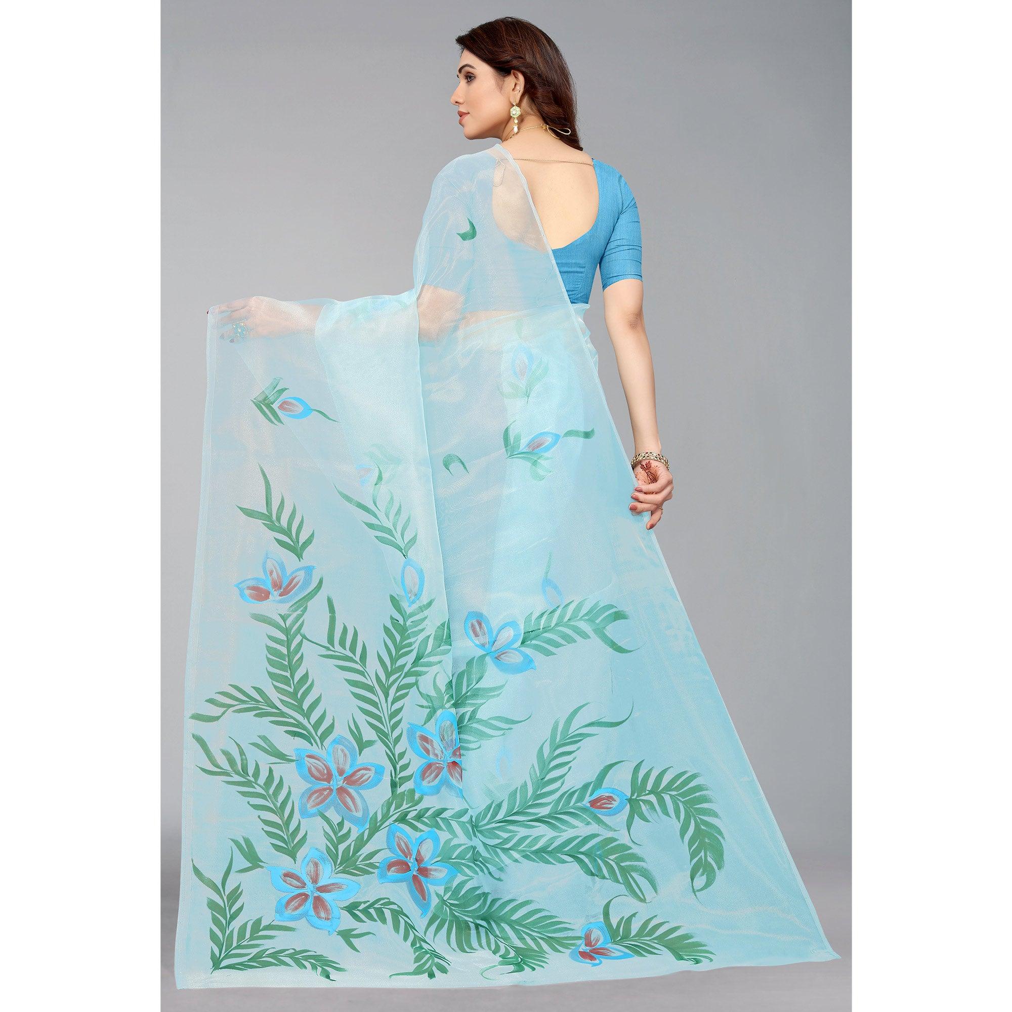Sky Blue Hand Printed Organza Saree - Peachmode