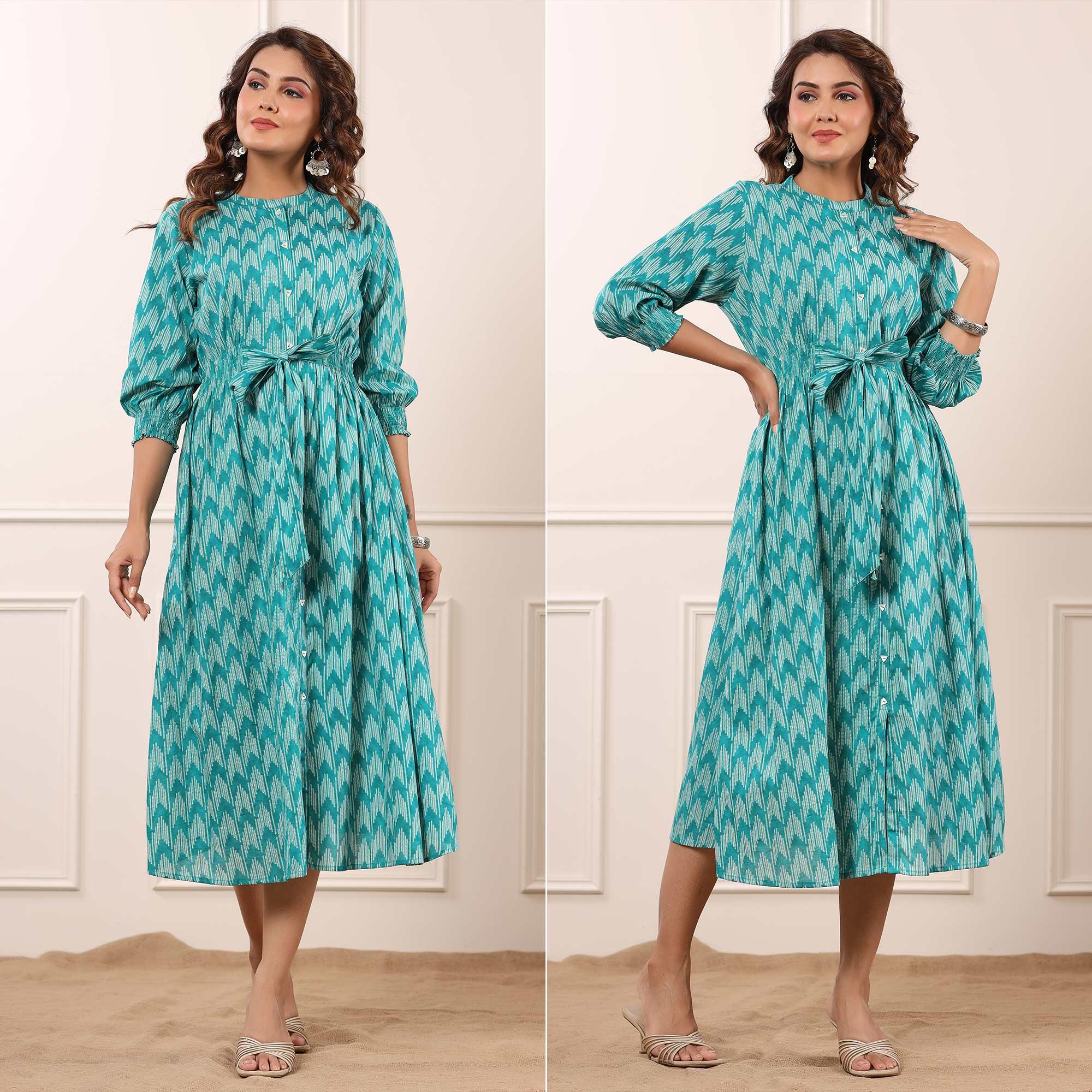 Sky Blue Ikkat Printed Pure Cotton Dress - Peachmode